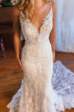 Elegant Mermaid V Neck Lace Wedding Dresses with Appliques TN389-Tirdress