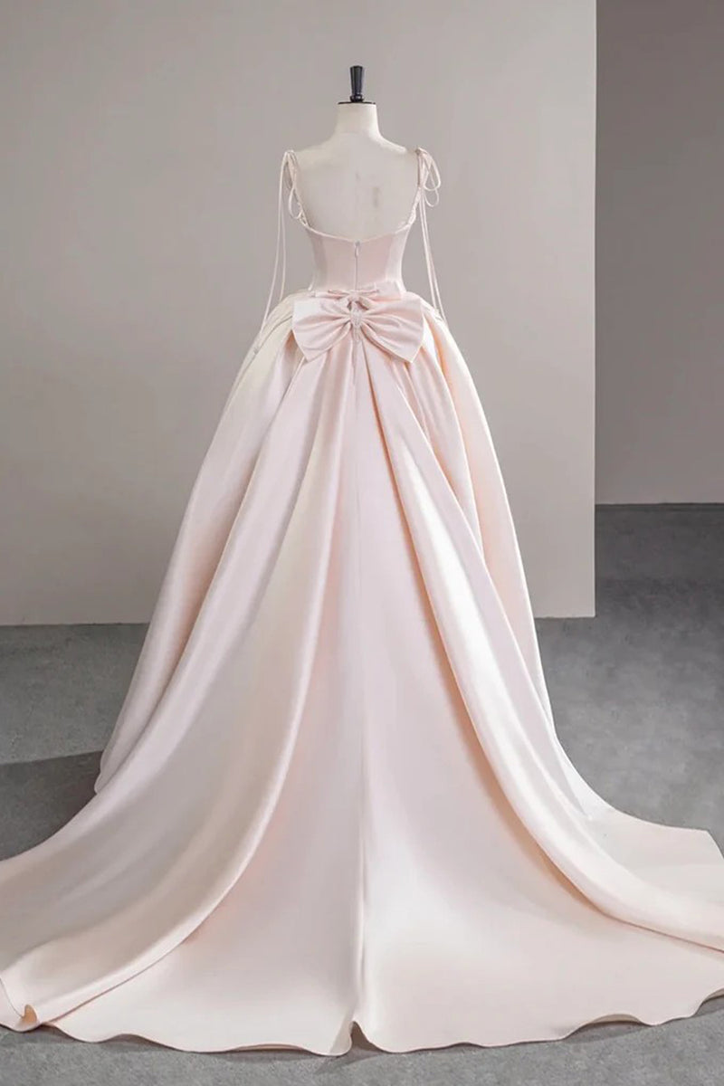 Elegant Pink Satin Ball Gown Prom Dress with Bow Back Tie Straps-Tirdress