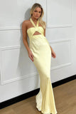 Elegant Yellow Halter Neck Satin Prom Dress With Keyhole