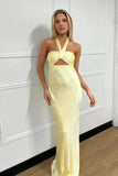 Elegant Yellow Halter Neck Satin Prom Dress With Keyhole-Tirdress