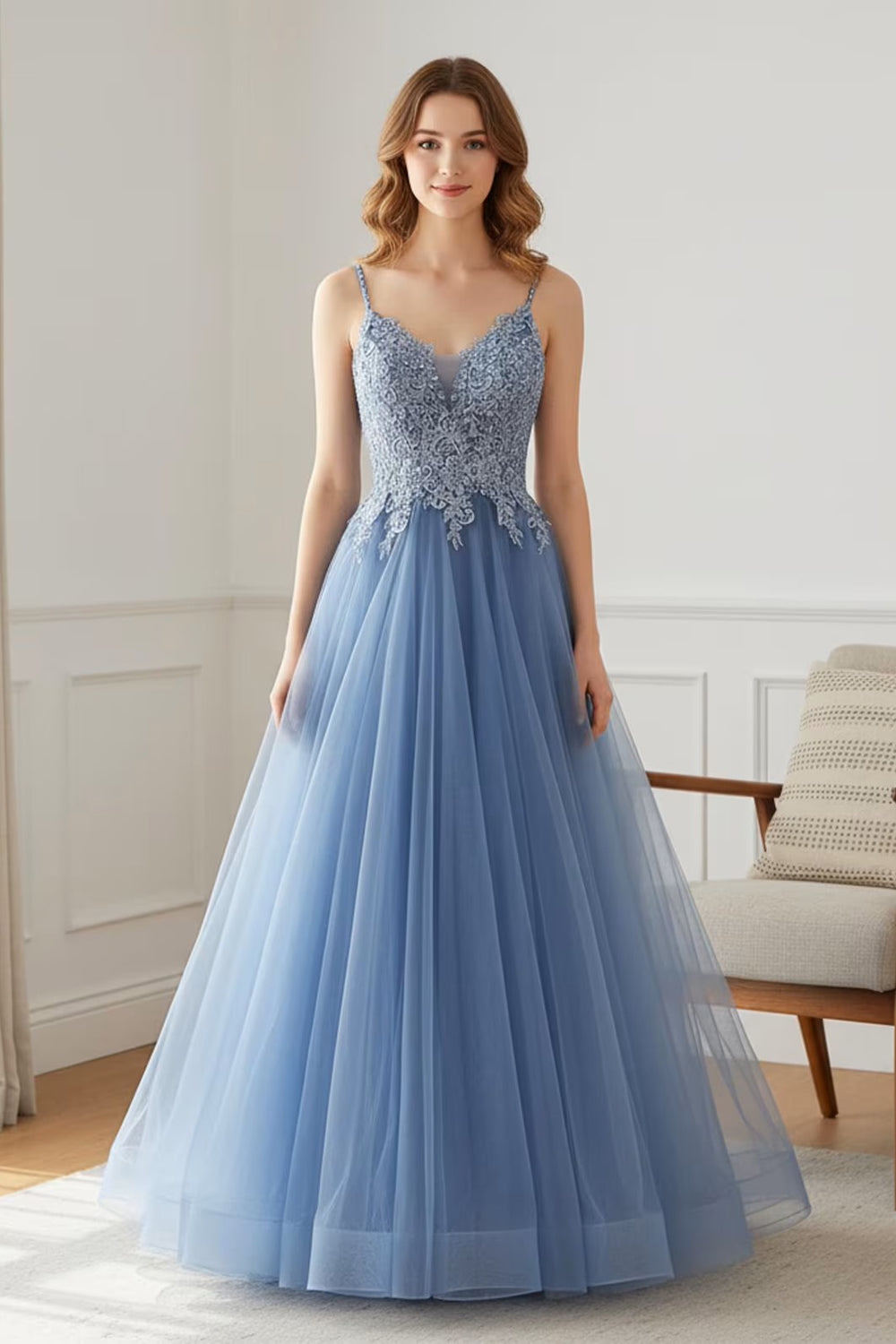 blue fairy prom dress Fairy Dusty Blue Tulle Floral Lace Boho Prom Dress