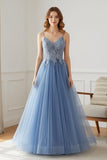 Embroidered Fairy Ball Gown Blue V-Neck Prom Dress Evening Dress-Tirdress