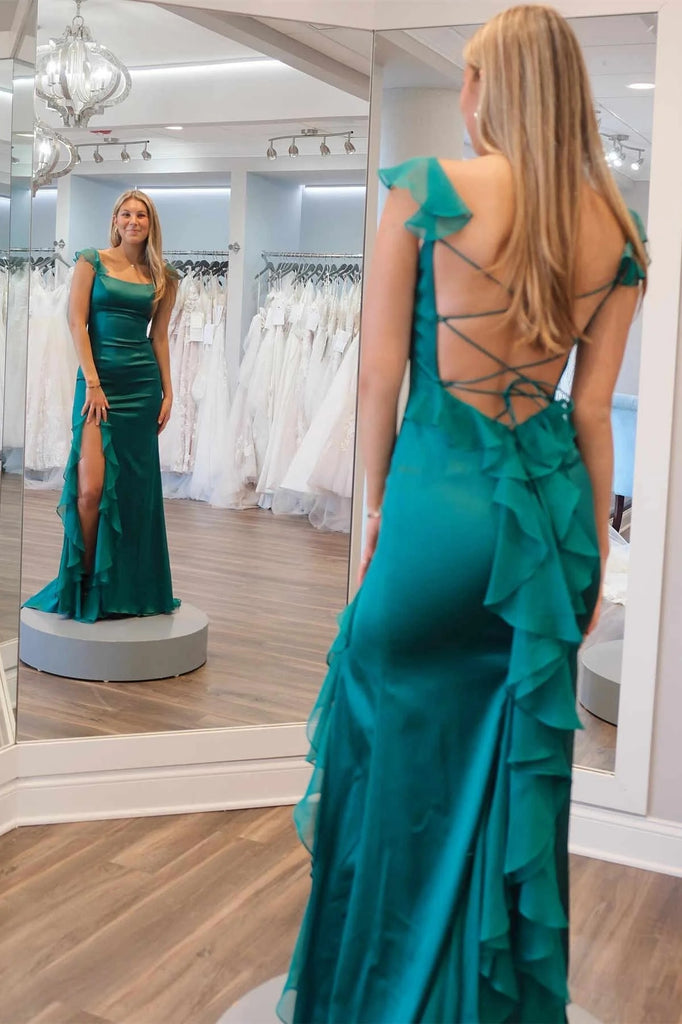 Emerald Green Square Neck Ruffle Slit Prom Dress Formal Dress TP1270-Tirdress