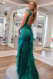Emerald Green Square Neck Ruffle Slit Prom Dress Formal Dress TP1270-Tirdress
