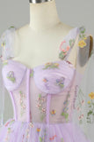 Floral Lavender Tulle Short Homecoming Dress with Embroidery-Tirdress