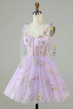 Floral Lavender Tulle Short Homecoming Dress with Embroidery-Tirdress