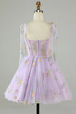 Floral Lavender Tulle Short Homecoming Dress with Embroidery-Tirdress