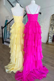 Fuchsia V-Neck Straps Ruffle Chiffon Prom Dress with Slit TP1278-Tirdress