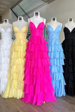 Fuchsia V-Neck Straps Ruffle Chiffon Prom Dress with Slit TP1278-Tirdress