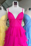 Fuchsia V-Neck Straps Ruffle Chiffon Prom Dress with Slit TP1278-Tirdress