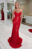 Glamorous Mermaid Sweetheart Lace Red Long Prom Dress Party Dress-Tirdress