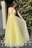 Glitter Yellow A-Line Beaded Long Tulle Prom Formal Dress TP1252