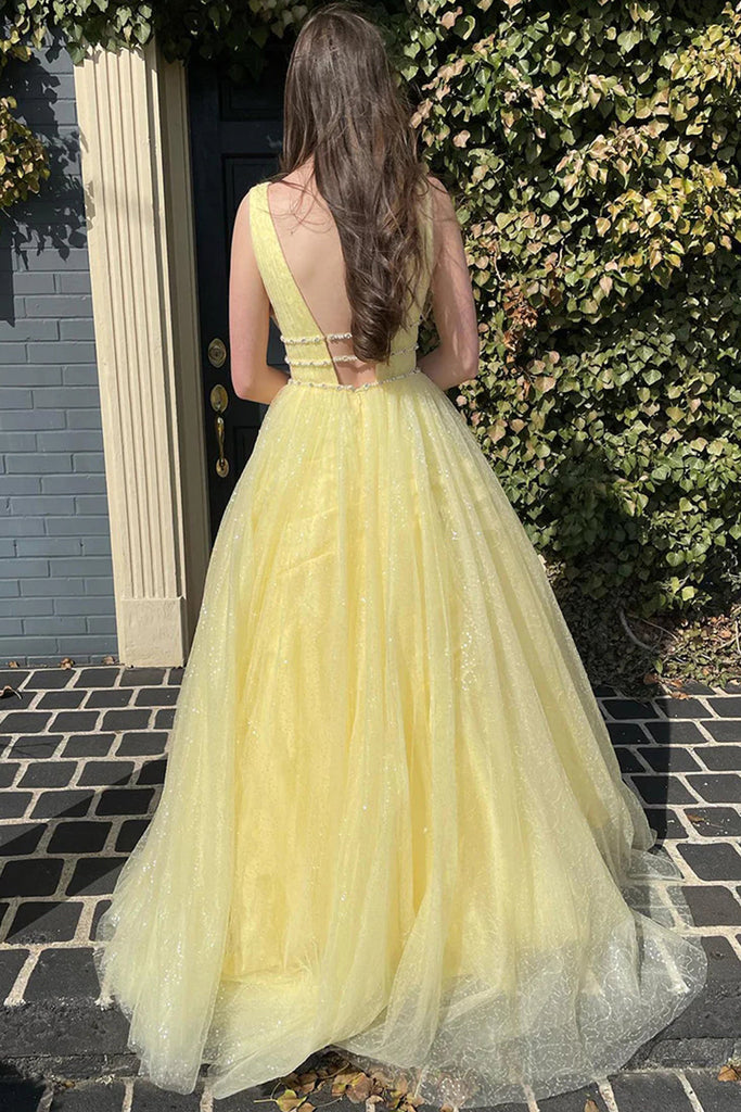 Glitter Yellow A-Line Beaded Long Tulle Prom Formal Dress TP1252-Tirdress