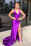 Grape Mermaid Satin V Neck Long Prom Dress with Slit TP1286