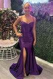 Grape Mermaid Straps Beaded Satin Long Prom Dress with Slit TP1284