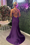 Grape Mermaid Straps Beaded Satin Long Prom Dress with Slit TP1284-Tirdress