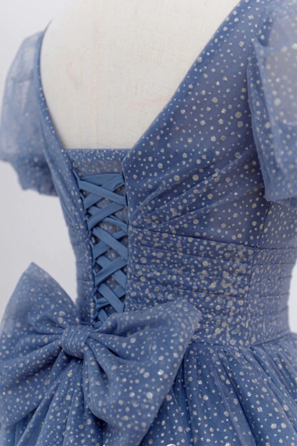 Gray Blue A-Line Tulle Long Prom Dresses Blue Tulle Formal Dresses  TP1228-Tirdress