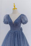 Gray Blue A-Line Tulle Long Prom Dresses Blue Tulle Formal Dresses  TP1228-Tirdress