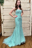Green Tulle Mermaid Scoop Neck Lace Up Back Prom Dresses TP1226