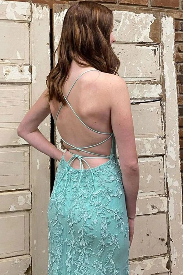 Green Tulle Mermaid Scoop Neck Lace Up Back Prom Dresses TP1226-Tirdress