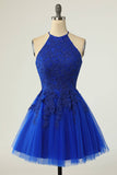 Halter Neckline Royal Blue Short Homecoming Dress with Appliques HD0190