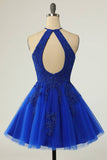 Halter Neckline Royal Blue Short Homecoming Dress with Appliques HD0190-Tirdress