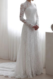 High Neck Long Sleeves White Lace Vintage Wedding Dress Bridal Gown-Tirdress