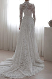 High Neck Long Sleeves White Lace Vintage Wedding Dress Bridal Gown-Tirdress