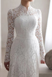 High Neck Long Sleeves White Lace Vintage Wedding Dress Bridal Gown-Tirdress