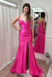 Hot Pink Mermaid Spaghetti Straps Satin Long Prom Dress with Slit TP1266-Tirdress
