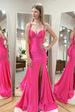 Hot Pink Mermaid Spaghetti Straps Satin Long Prom Dress with Slit TP1266-Tirdress