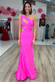 Hot Pink One-Shoulder Cutout Mermaid Long Prom Dress TP1274