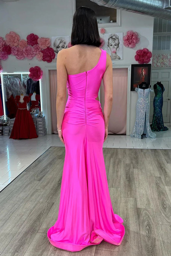 Hot Pink One-Shoulder Cutout Mermaid Long Prom Dress TP1274-Tirdress
