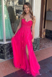 Hot Pink Strapless Floral Appliques A-line Long Prom Dress TP1265