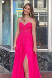 Heißes rosa trägerloses A-Linien-Ballkleid mit Blumenapplikationen TP1265