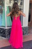 Heißes rosa trägerloses A-Linien-Ballkleid mit Blumenapplikationen TP1265