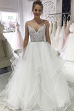 Ivory A-Line Spaghetti Straps Tulle Cheap Wedding Dress with Lace TN183