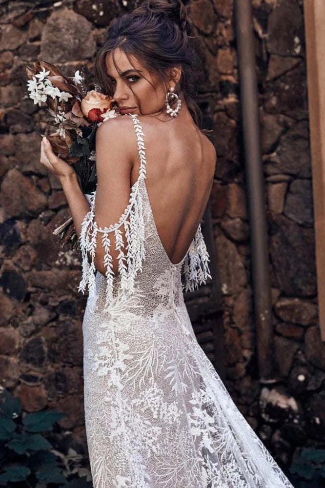Ivory Bohemian Scoop Neckline Open Back Lace Wedding Dress  TN385-Tirdress