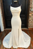 Elfenbeinfarbenes, rückenfreies, langes Brautkleid im Meerjungfrau-Stil mit Wasserfallausschnitt und Schlitz TN339