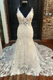 Elfenbeinfarbenes, florales Spitzen-Meerjungfrau-Hochzeitskleid mit V-Ausschnitt und langem Brautkleid TN338