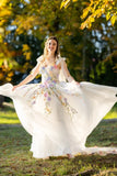 Ivory Floral Wedding Dress with Colorful Embroidery and Bow Straps-Tirdress