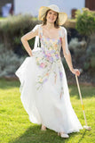 Ivory Floral Wedding Dress with Colorful Embroidery and Bow Straps