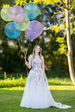 Ivory Floral Wedding Dress with Colorful Embroidery and Bow Straps-Tirdress