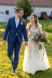 Ivory Floral Wedding Dress with Colorful Embroidery and Bow Straps-Tirdress