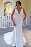 Modest Ivory Plunge V Neck Open Back Mermaid Long Wedding Dress TN377