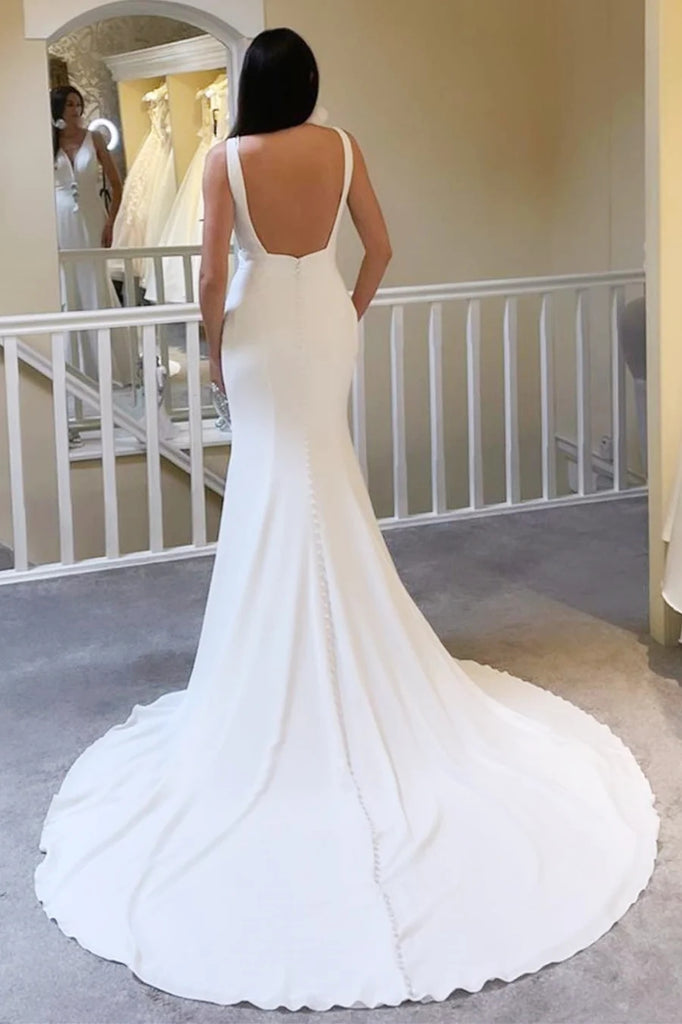 Ivory Plunge V Neck Open Back Mermaid Long Wedding Dress TN377-Tirdress