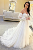 Ivory Tulle A-Line Long Wedding Dress with Balloon Sleeves TN379-Tirdress