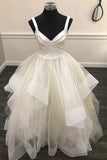 Ivory V Neck Tulle Long Prom Dress, Ivory Evening Dress TP0834