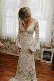 Lace Mermaid V-neck Long Sleeves Backless Bohemian Wedding Dresses TN369-Tirdress