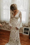 Lace Mermaid V-neck Long Sleeves Backless Bohemian Wedding Dresses TN369